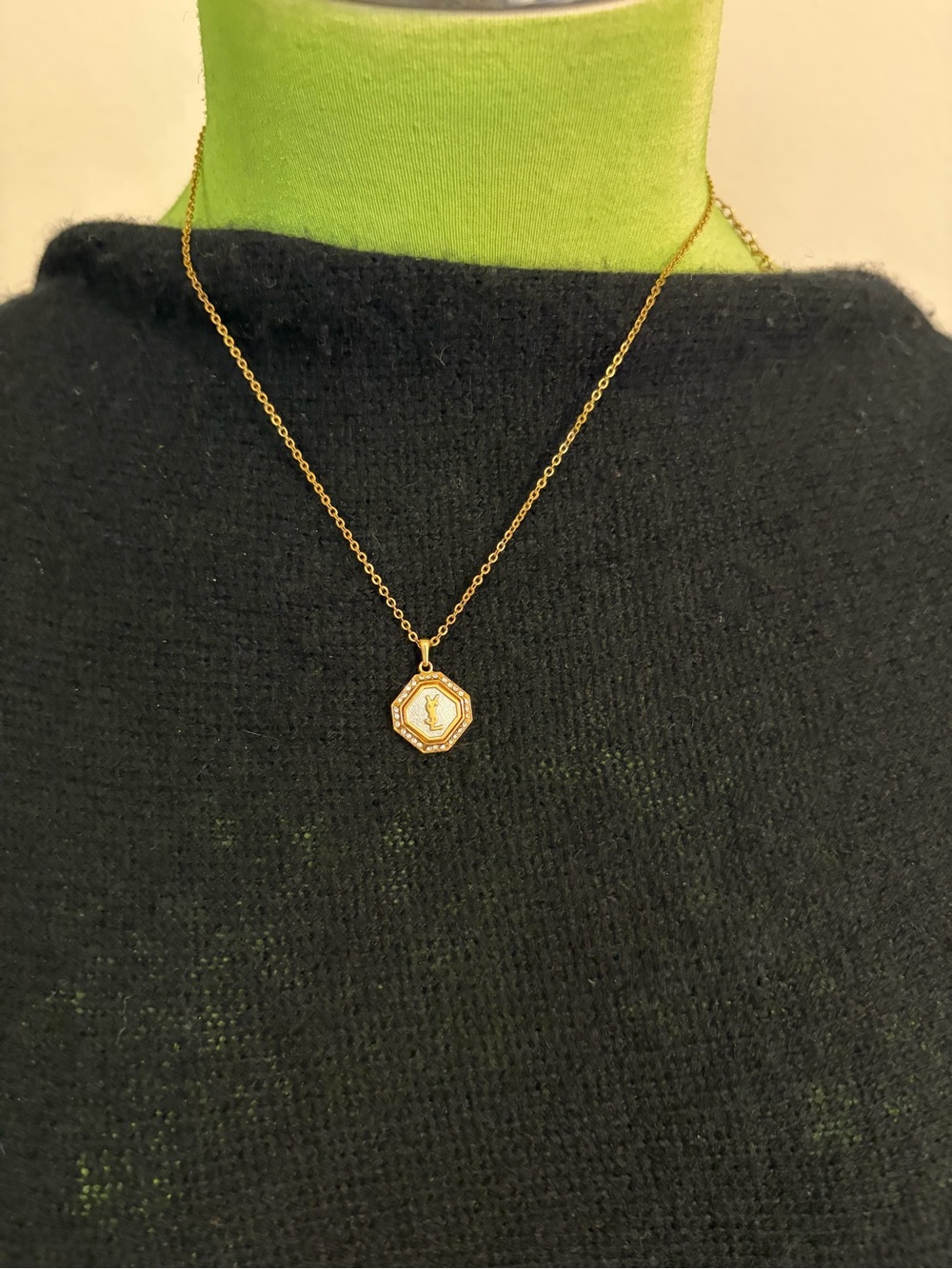 Yves Saint Laurent Gold Hexagonal Enamel Pendant Necklace